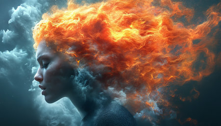 Surreal Portrait of a Woman with Fiery Smoke Hair, an Introspective and Powerful Artistic Conceptの素材
