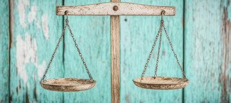 Antique Wooden Scale of Justice Weighing Equity Against a Beautiful Turquoise Backgroundの素材