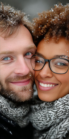 Happy boyfriend and girlfriend enjoying a warm hug together on a snowy winter day outdoors.の素材