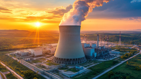 Breathtaking view of a nuclear power station at sunset, surrounded by lush greenery and innovationの素材
