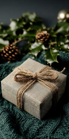 Beautifully Wrapped Festive Gift in Earthy Tones, Perfect for Celebratory Giving During the Holidaysの素材