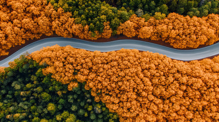 Aerial View of a Winding Road Cutting Through a Vibrant Forest Showcasing Autumn and Summer Colorsの素材