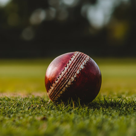 A Bright Red Cricket Ball on Green Grass, Ready for an Exciting Game of Cricket Outdoorsの素材