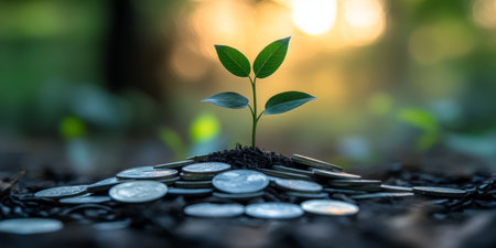 Aromatic Seedling Growing Among Glimmering Coins, Symbolizing Sustainable Investment Growthの素材