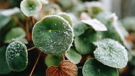 Frosted Leaves Close Up in Winter Nature s Delicate Beauty Showcasing Textures and Resilienceの素材