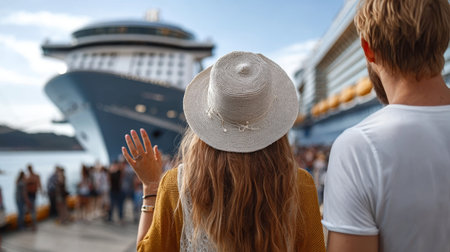 Joyful Couple Embarking on an Exciting Honeymoon Adventure Aboard a Luxurious Cruise Ship Journeyの素材