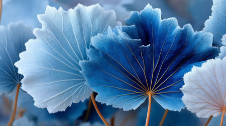 Close Up of Blue Toned Circular Leaf Pattern, Textured Leaves in Winter Colors and Nature s Beautyの素材