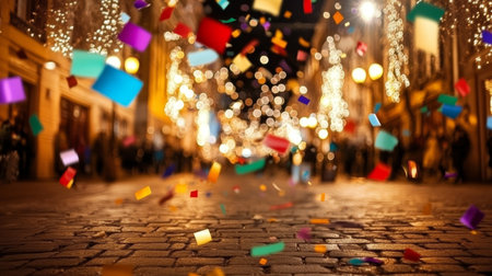 Festive Celebration Colorful Confetti Falls on Urban Streets as the City Joyfully Welcomes New Yearの素材