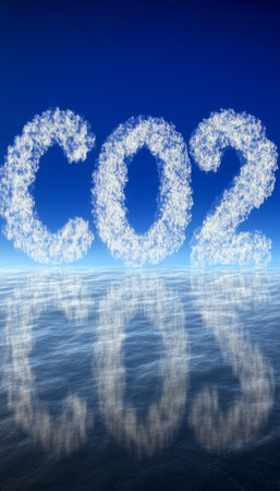 Atmospheric Carbon Dioxide Symbol Depicted with Clouds on a Clean Sunny Blue Sky with Clear Sky .の素材