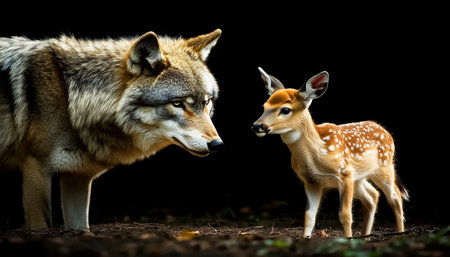 Captivating Scene of a Majestic Wolf and a Fragile Deer Fawn Meeting in the Serene Wildernessの素材