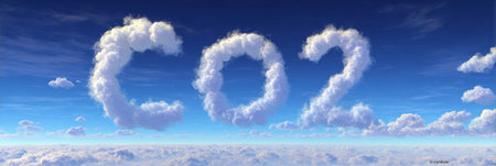 Environmental Crisis Shown as CO2 Clouds in Azure Sky, Representing Global Warming and Emissionsの素材