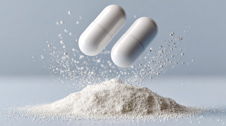White Capsules Floating Above a Powder Mound, Representing Health and Medicine Concepts in 3Dの素材