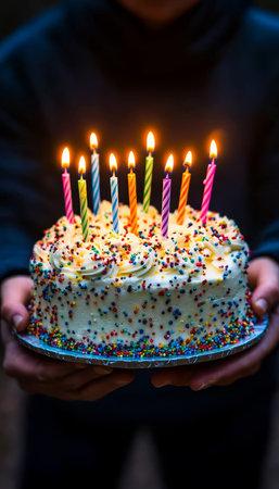 Joyful Celebration A Person Holding a Colorful Birthday Cake with Candles, Ready to Make a Wishの素材