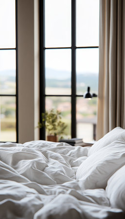 Inviting bedroom with plush duvet, soft white bedding, and natural light through tall windows.の素材