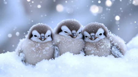 Three Adorable Penguin Chicks Nestled Together in the Snow Under Softly Falling Snowflakesの素材