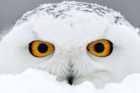 Majestic Snowy Owl with Golden Irises Intently Scanning the Terrain for Prey in Winter Landscapeの素材
