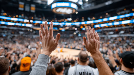 Excited Fans Raise Their Hands in Anticipation During an Intense Basketball Game at the Arenaの素材