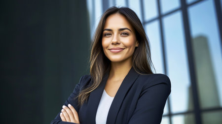 Confident female professional with natural beauty posing elegantly in a modern cityscape setting.の素材