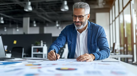 Experienced entrepreneur analyzes business data at desk in modern professional office space, growth.の素材