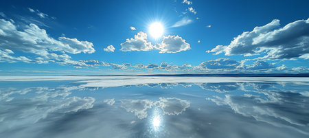 Stunning Frozen Lake with Crystal Clear Reflection, Snow-Capped Mountains, and Bright Blue Sky Aboveの素材
