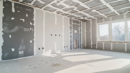 Wallboard Installation Progress Shows Interior Transformation with Taping and Mudding Completedの素材