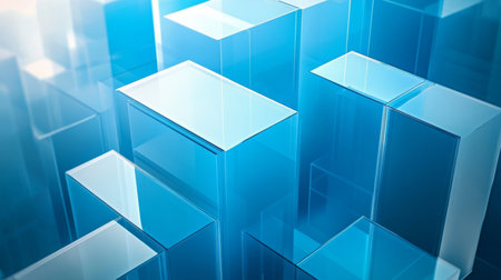 Geometric Abstraction Layered Transparent Blocks Forming a Striking Pattern on Icy Blue Backgroundの素材