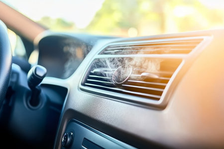 Inside View of Modern Car Cabin with Ventilation System Blowing Air, Dashboard Features and Comfortの素材