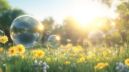 Dreamy and Colorful Soap Bubbles Flowing Through a Lush Summer Meadow Filled with Yellow Flowersの素材