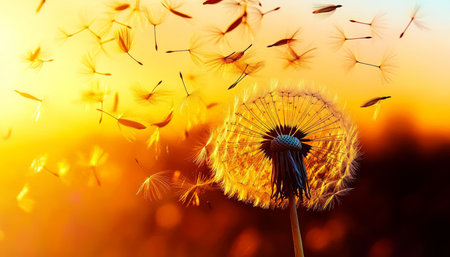 Golden Sunset Symphony Dandelion Seeds Dancing in the Breezy Light, Whispers of Summer Dreamsの素材
