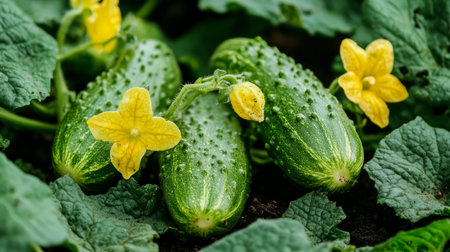 Lush Green Cucumbers Surrounded by Colorful Blossoms in a Vibrant Summer Garden Harvest Sceneの素材