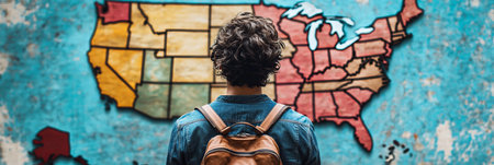 Traveler examines map of American states, planning exciting adventures across the USA.の素材