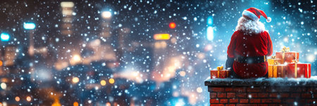 Enchanting Christmas Eve on a Rooftop Hideaway with Santa s Helpers and Snowfall Over the Cityの素材