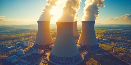 Stunning Aerial View of Nuclear Facility Complex at Sunset with Exhaust Vapors and Energy Industryの素材
