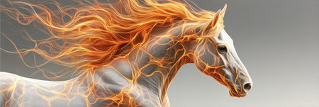 Majestic White Horse with Fiery Mane Galloping through Enchanting Landscape of Fantasy and Dreamsの素材