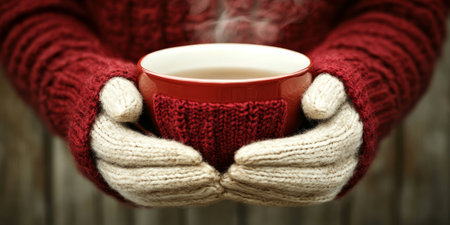 Cozy Warmth and Comfort A Relaxing Red Tea Break with Knitted Accessories in a Rustic Settingの素材