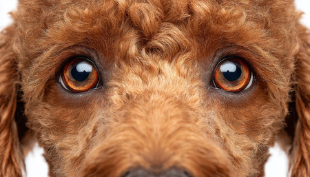 Adorable Toy Poodle with Intricate Curly Fur and Warm Brown Eyes, Captivating Gaze in Studioの素材