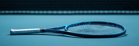 Single Tennis Racket Resting on Court Symbolizing Inspiration, Recreation, and Competitive Spiritの素材