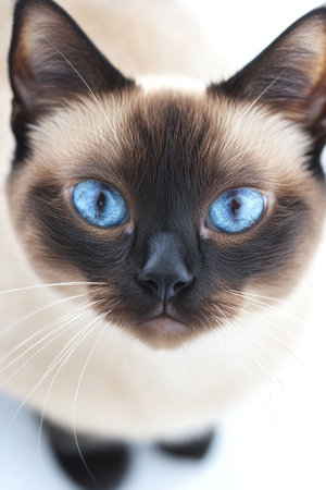 A Beautiful Burmese Cat with Striking Blue Eyes and Sleek Fur Posing Elegantly in Natural Lightの素材