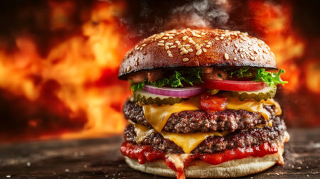 Mouthwatering Double Cheeseburger with Fresh Toppings and Fiery Background, Perfect for Food Loversの素材