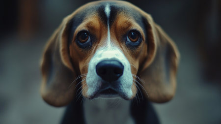 Charming Beagle Close-Up Expressive Dog Portrait with Blurred Gray Background for Emotional Impactの素材