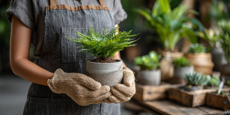 Gardener Nurturing a Small Fern with Care and Love, Creating a Green Oasis Indoors for Joyの素材