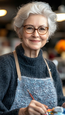 Smiling Mature Caucasian Artist Painting Indoors, Wearing an Apron and Engaging with Studentsの素材