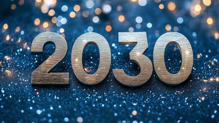Envisioning Year 2030 Stylish Metallic Numbers on Elegant Gray Background with Colorful Sparklesの素材