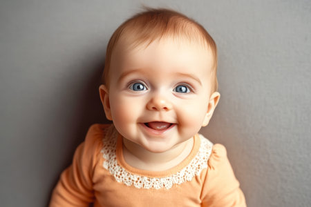 Adorable baby with captivating blue eyes joyfully smiles, reflecting pure happiness in soft light.の素材