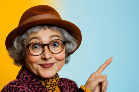 Cheerful Senior Lady with Hat and Glasses, Smiling and Presenting Copy Space on Blue Backgroundの素材