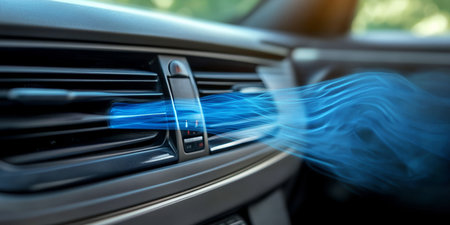 Interior view of a modern car showing air conditioning vents and control panel for climate control.の素材