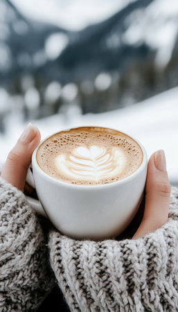 Cozy Winter Warmth with a Hands Embracing a Cappuccino in a Snowy Mountain Retreat Sceneの素材