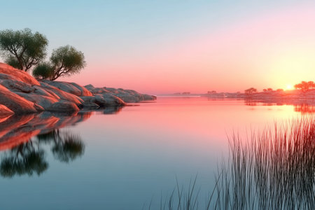 Breathtaking Scenic Tranquility, Serene Water Reflecting a Colorful Sunrise on Rocks and Treesの素材