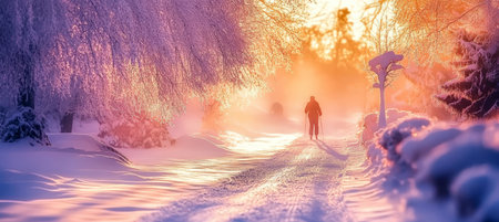 Lone skier glides gracefully through a tranquil snowy forest path at dusk, embracing winter s beautyの素材