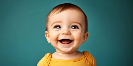 Adorable Baby Smiling Happily with Joyful Laughter and Innocent Charm in Close-Up Studio Shotの素材